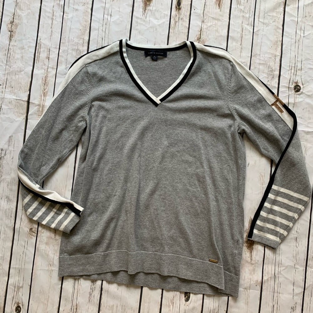 Tommy Hilfiger Grey Striped Logo V-neck Sweater